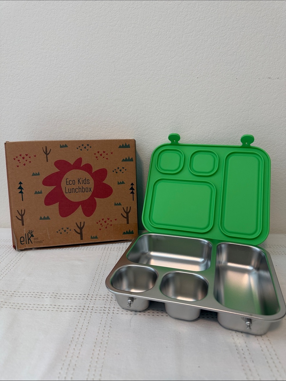 Elk and Friends Eco Kids Stainless Steel Lunch Box w/ Silicone Lid in Green